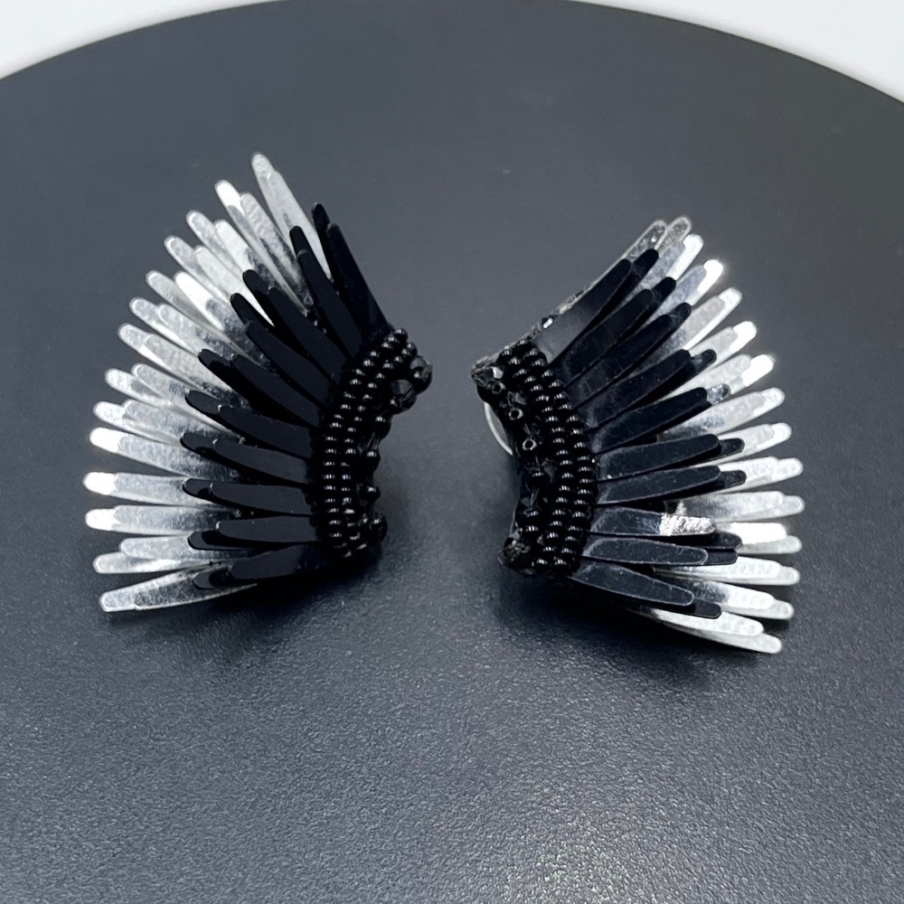 Mignonne Gavigan Designer Mini Madeline Black Silver Feathered Wing Fan Earrings